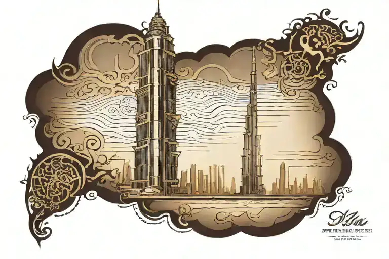 Burj Khalifa is the world's tallest building, 829.8 meters high and 211 stories, built in six years at a cost of eight billion dollars in Dubai tattoo design idea