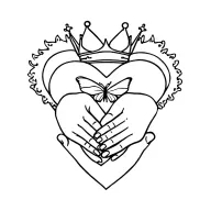 a claddugh symbol consisting of two hands clasping a heart mounted by a crown with a butterfly landing on back on heart tattoo design idea