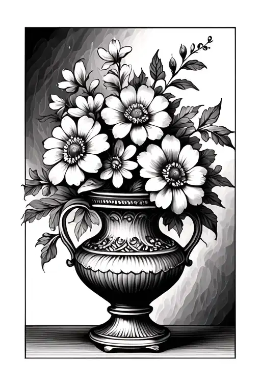 antique vase with flowers tattoo design idea