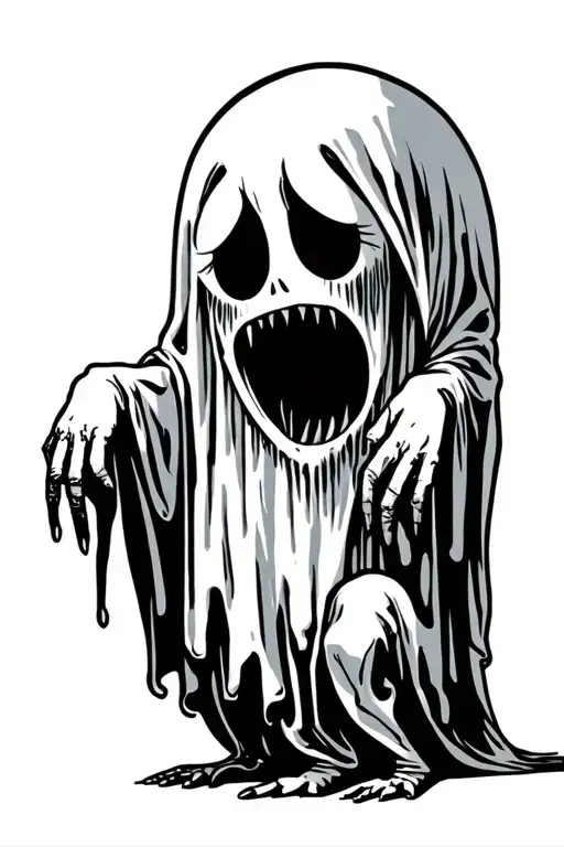 cute sheet ghost scared of itself w/skinny legs knocking together tattoo design idea