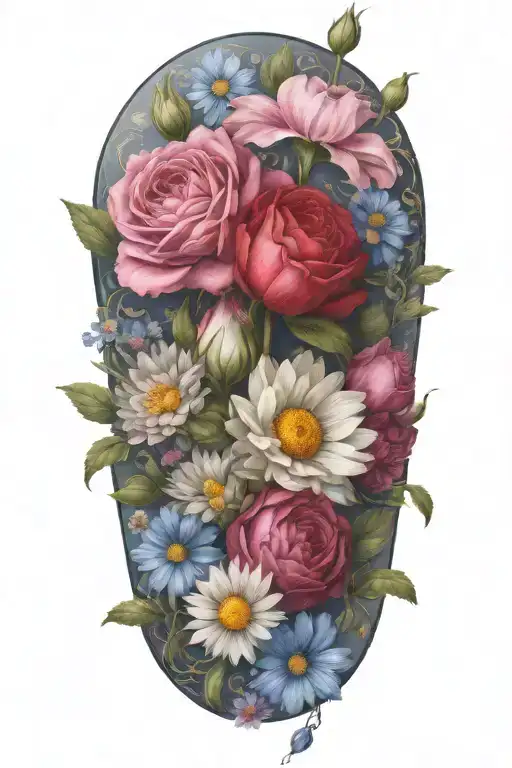 An intricate tattoo of a boquet of roses, daisys, and cosmos flowers tattoo design idea