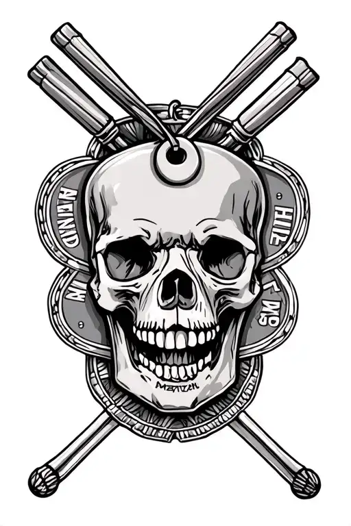 Make a tattoo sleeve that has dog tags that say Wetzel Jasper USMC and the Marian and has a skull with drumsticks tattoo design idea