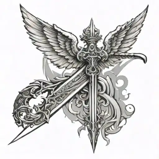 sword, cross, angel wing, devil wing attached tattoo design idea