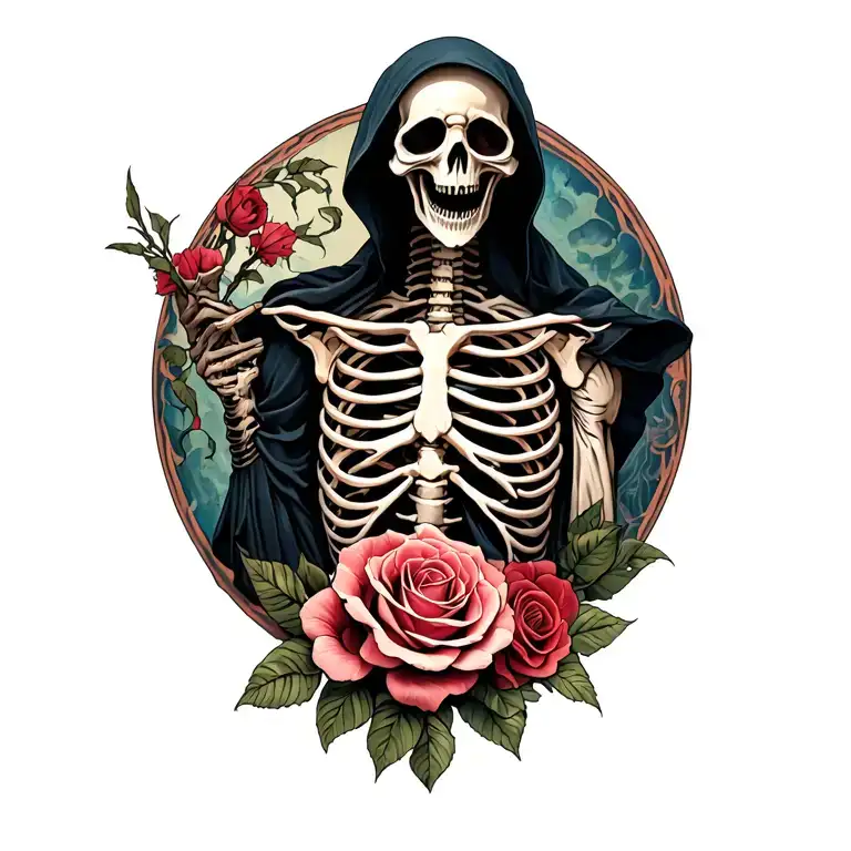 reaper with ribcage and roses at the bottom  tattoo design idea