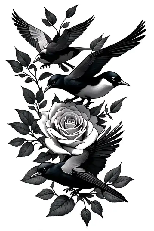 multiple birds and one long Rose tattoo tattoo design idea