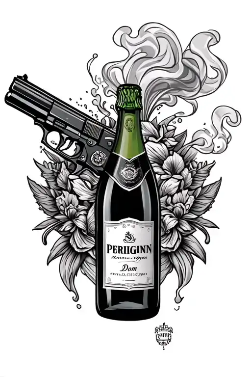 spraying dom perignon champagne bottle and smoking handgun gangster style chicano style tattoo design idea