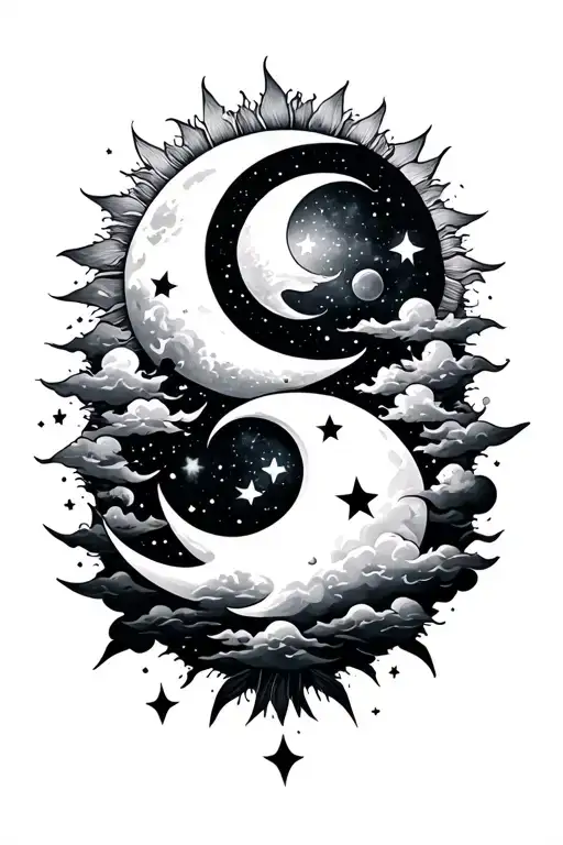 sun and moon surrounded by stars, clouds and galaxy tattoo design idea