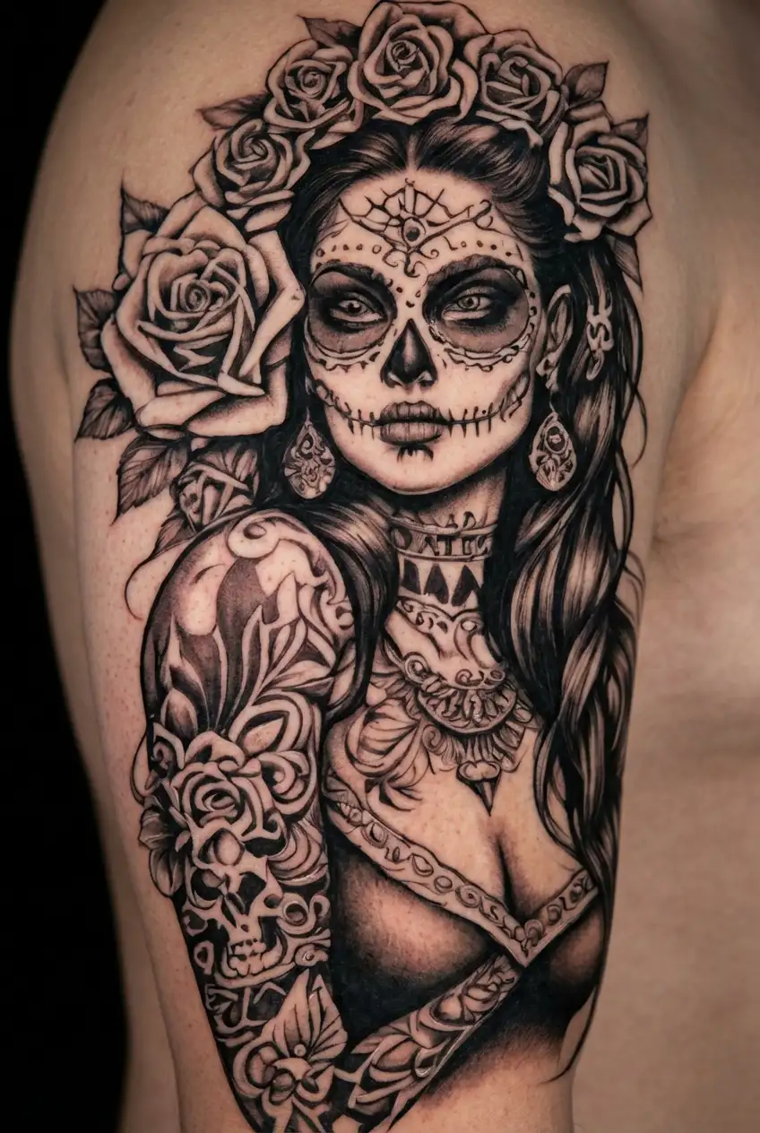 candy skull chicano gangster woman style sleeve tattoo tattoo design idea