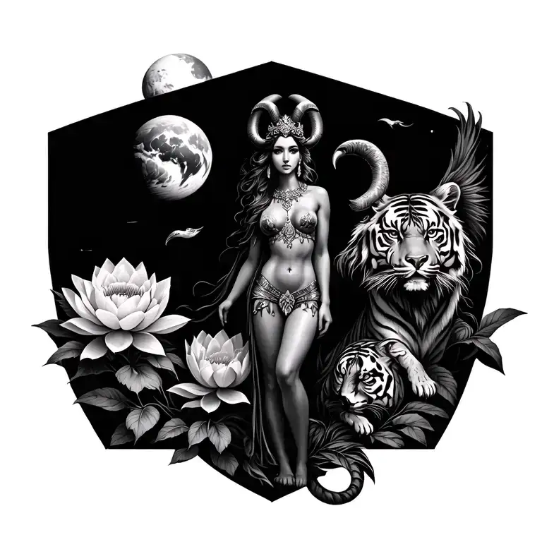 sexy aries goddess surrounded by lotus and peony flowers growing with a tiger and a hawk with mars in the sky tattoo design idea