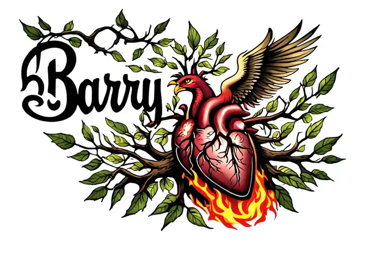 "Barry" A thick tree with leaves sprouting from a human heart with a phoenix rising from the flames of the leaves  tattoo design idea