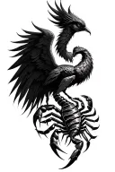 create a phoenix with its wings cradling and protecting a scorpion. creating a fiery embrace around the scorpion. tattoo design idea