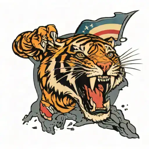 Tiger roaring with a rock in across and a gun color code of the American flag tattoo design idea