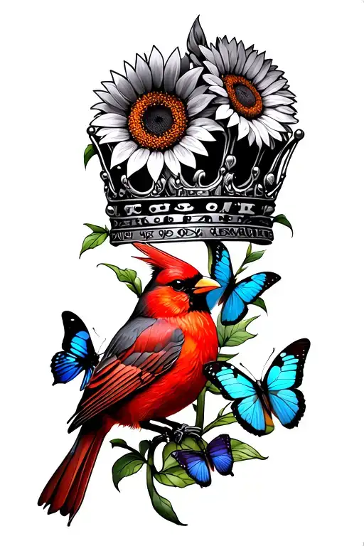never tip your crown sunflowers blue butterflies red cardinal  tattoo design idea