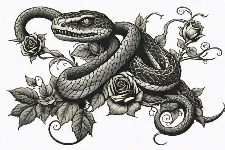 snake stretched out with vines and roses  tattoo design idea