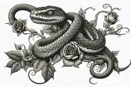 snake stretched out with vines and roses  tattoo design idea