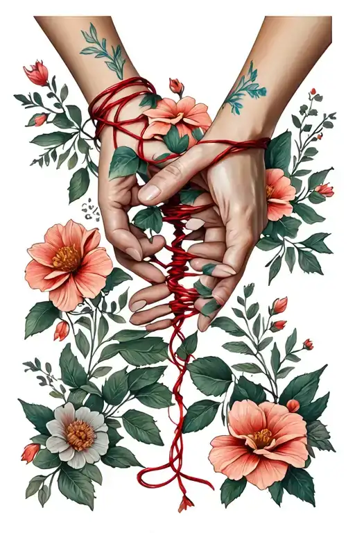 red string  of fate, with flowers and hands tattoo design idea
