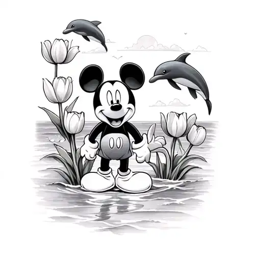medium sized mickey mouse on beach with tulips and dolphins jumping out of the water in the background tattoo design idea
