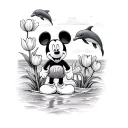 medium sized mickey mouse on beach with tulips and dolphins jumping out of the water in the background tattoo design idea