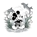 medium sized mickey mouse on beach with tulips and dolphins jumping out of the water in the background tattoo design idea