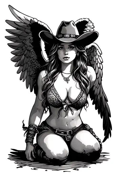 cowgirl angel on one knee tattoo tattoo design idea