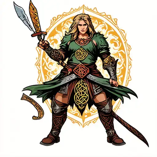 "Lynette" celtic warrior wielding tattoo design idea