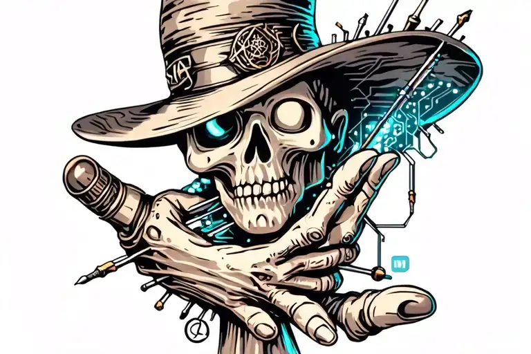 voodoo doll with cylinder hat and needles on his own hand tattoo design idea