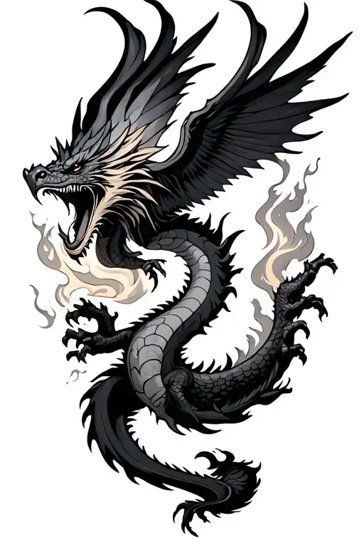 dragon breathing fire with phoenix rising tattoo design idea