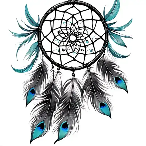 dream catcher with vibrant peacock feathers, timeless, classic, classy, flowing tattoo design idea