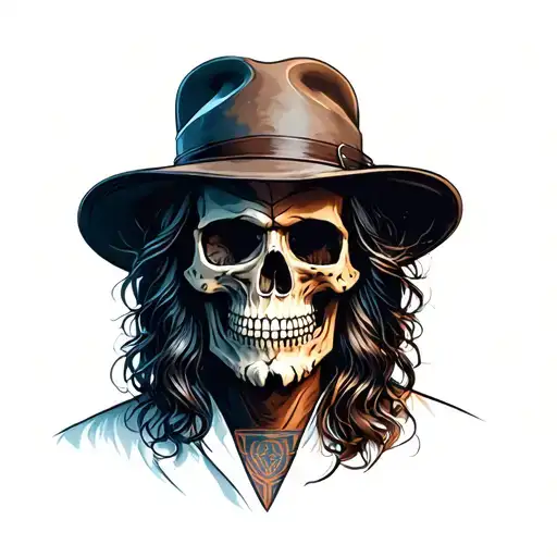 A man with hat skull and half face of human tattoo design idea