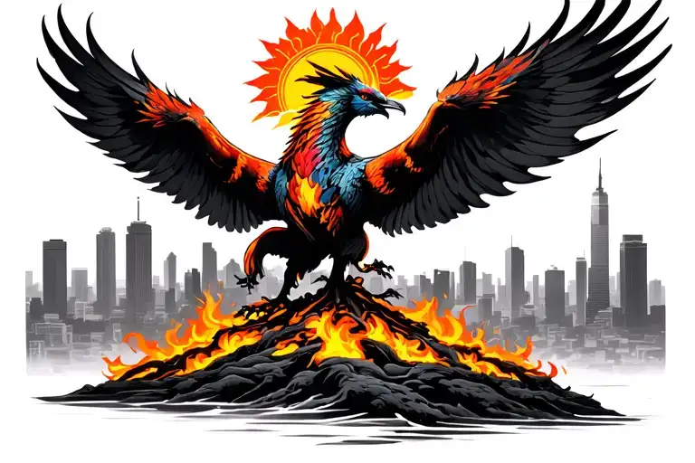 phoenix flying above  a Chinese tree on fire in bright neon colors with Los Angeles in the back ground tattoo design idea