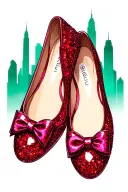 two small sparkly ruby flat shoes with bow on toes situated low with emerald city in the background  tattoo design idea