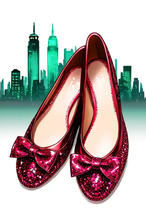 two small sparkly ruby flat shoes with bow on toes situated low with emerald city in the background  tattoo design idea
