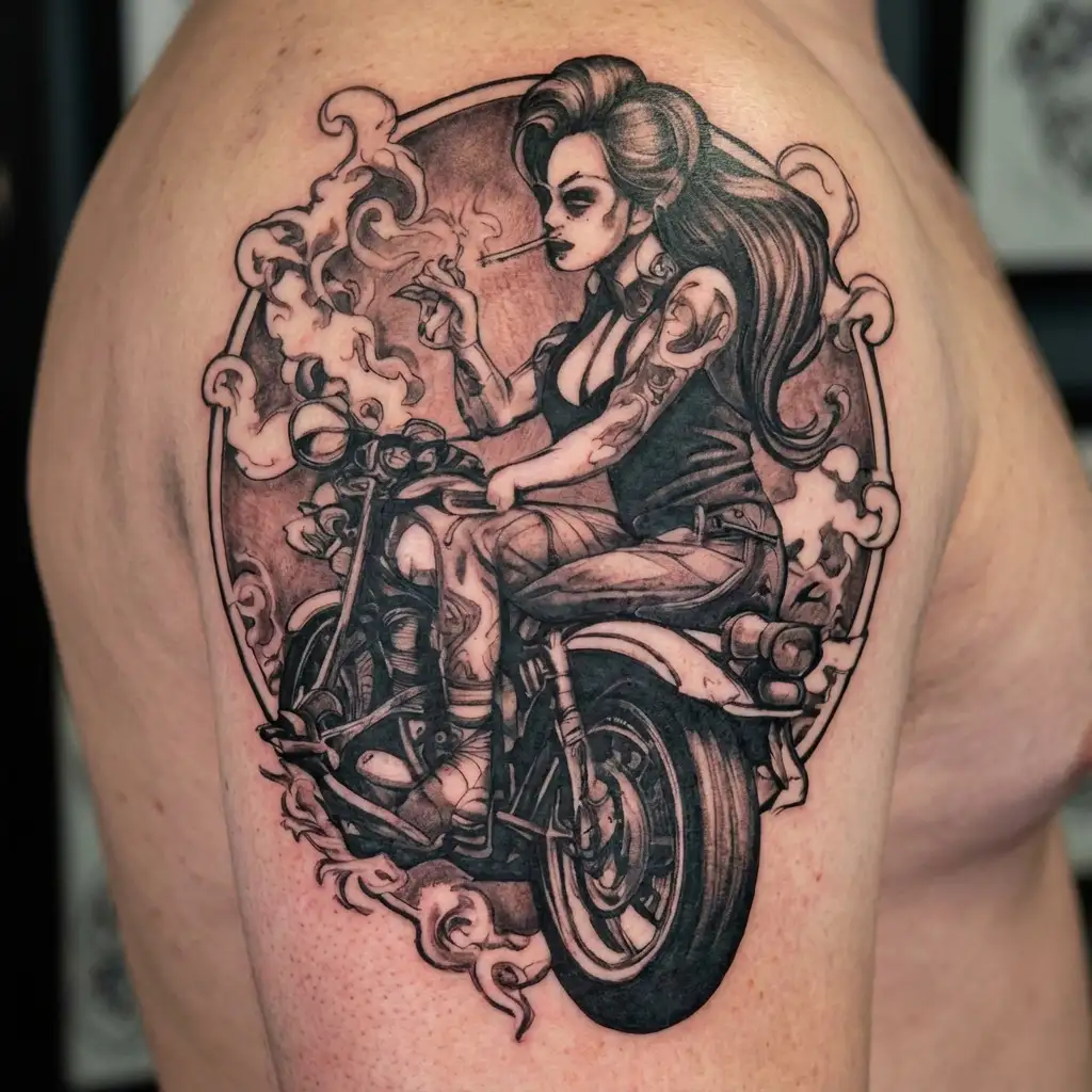 smoking cigarette biker girl riding motorcycles tattoo design idea