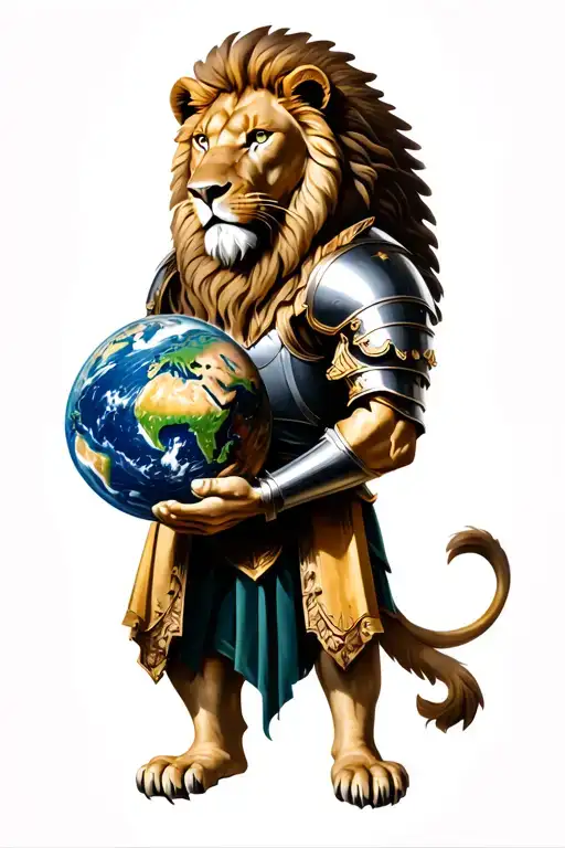 a lion wearing an roman armor holding the world in his hands  tattoo design idea