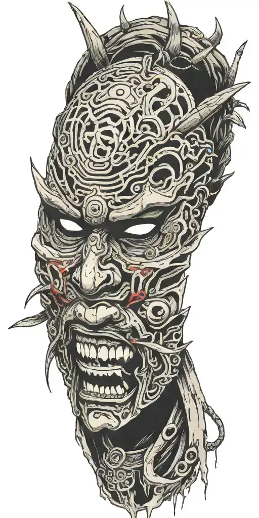 samurai mask falling apart, decaying human face tattoo design idea