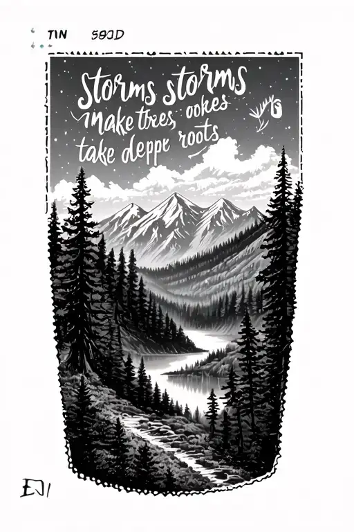 post card design for thigh including smokey mountains, TN stamp, & a quote "storms storms make trees take deeper roots" tattoo design idea