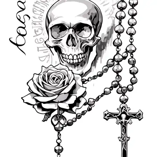 rosary, skull, faded cursive writing in the back tattoo design idea