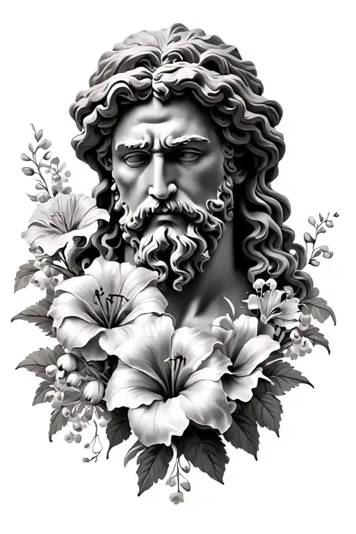 Zeus with morning glory, lily of the valley and marigolds tattoo design idea