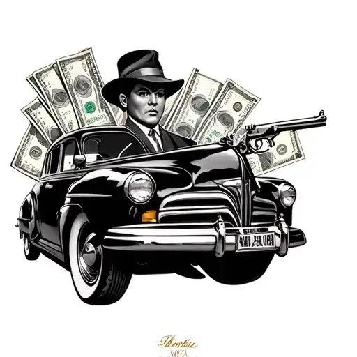 Mafia bosses, tommy guns, old 1950s cars and women, money, jazz tattoo design idea
