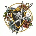 . a circular design with a crown of thorns at the top, with a sword piercing a heart tattoo design idea
