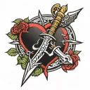 . a circular design with a crown of thorns at the top, with a sword piercing a heart tattoo design idea