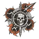. a circular design with a crown of thorns at the top, with a sword piercing a heart tattoo design idea