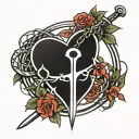 . a circular design with a crown of thorns at the top, with a sword piercing a heart tattoo design idea