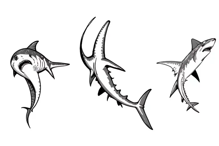 3 fineline sharks swimming whale shark mako shark and hammer head shark  tattoo design idea