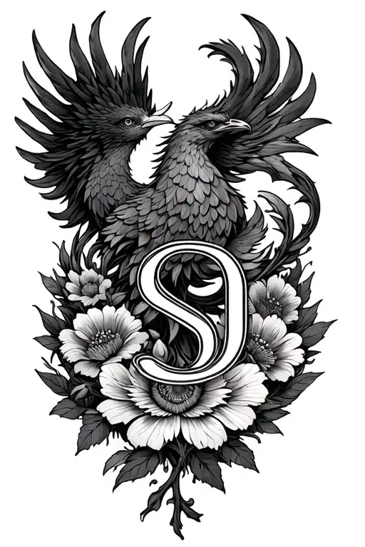 Phoenix, Flower, wreath, greek labyrinth, letter S D tattoo design idea