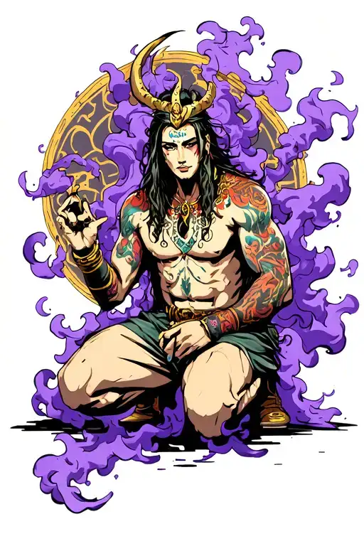 Igris from solo leveling kneeling surrounded by purple smoke  tattoo design idea