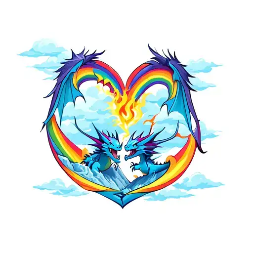 two dragons flying around a mountain with clouds, breathing rainbow fire in a heart shape tattoo design idea