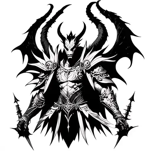 A demon warrior with intricate armor and weapons tattoo design idea