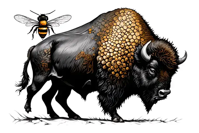 bison facing storm with honey bee tattoo design idea
