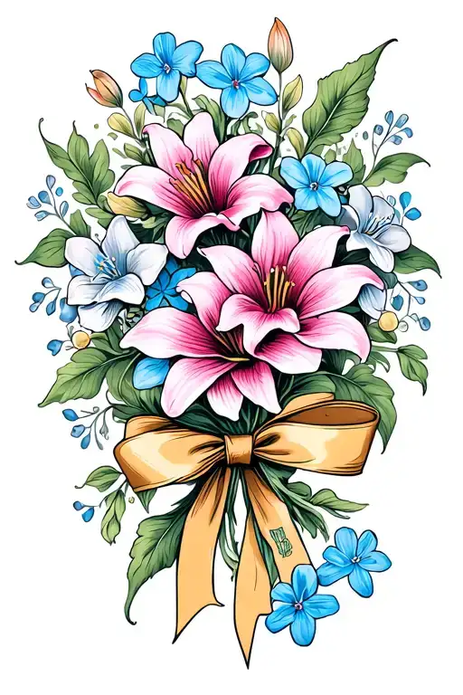 forget me not flowers intertwined with lilies tied with a bow less color more fine line art  tattoo design idea